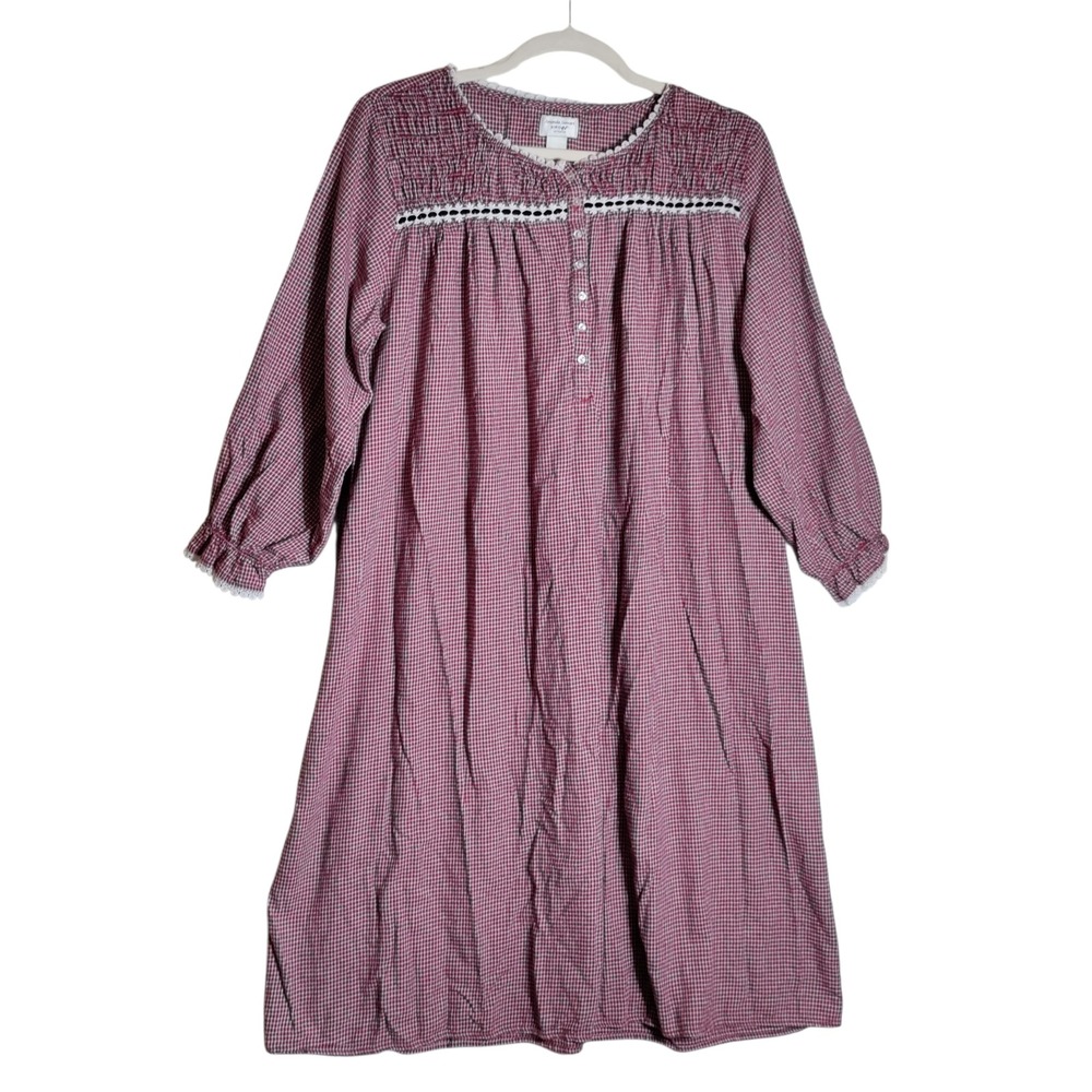 Amanda Stewart Red Gingham Cotton Smocked Nightgown 2X Lace Trim Long Sleeve